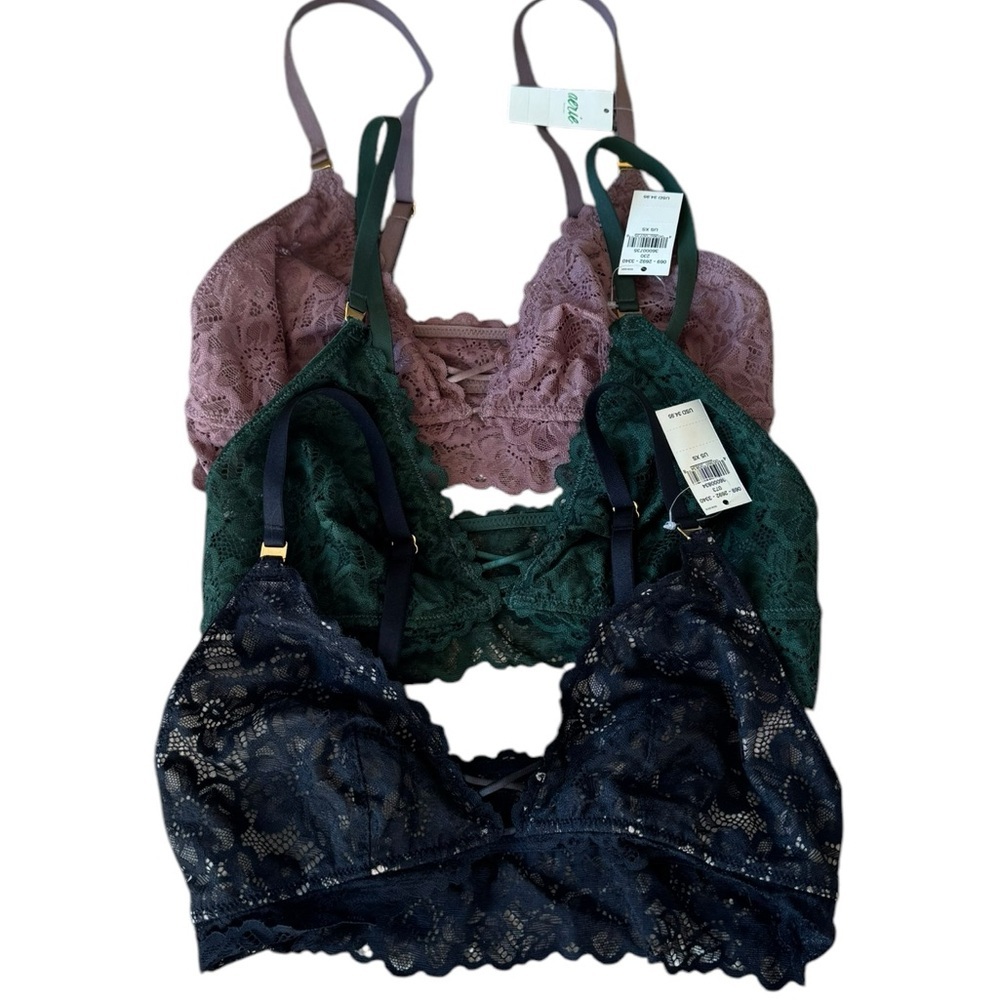 Aerie Lace Bralette Bundle Purple Green Black Size Xs Comfy